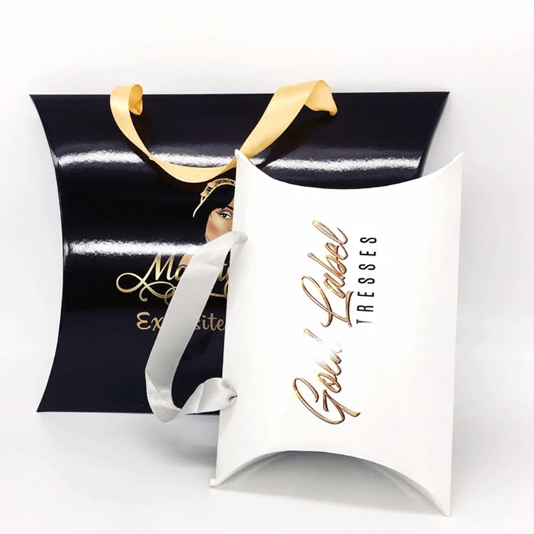 Custom Foldable Pillow Box Shape Hair Extension Art Paper Shopping Bag with Ribbon Handle for Hair Extension Paper Bag Packaging