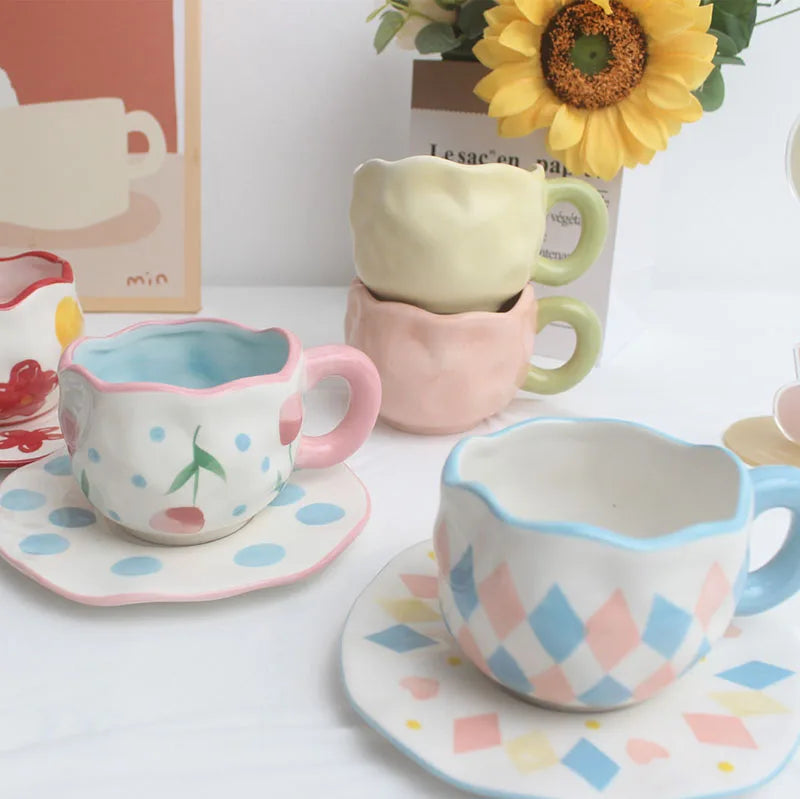 Ins Retro Underglaze Irregular Hand Pinch Flower Plaid Ceramic Tea Cup and Saucer Set Ceramic Pottery Mug with Saucer Set