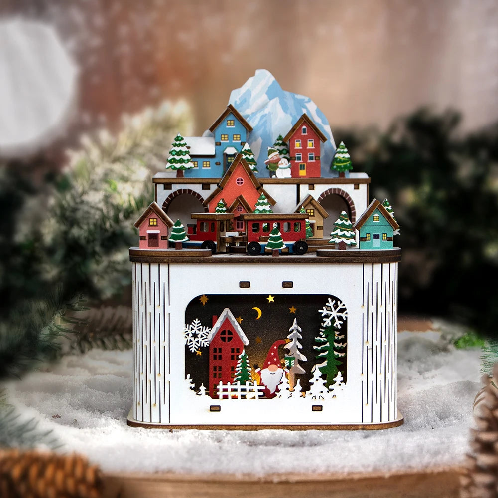 Newly Designed Laser Cut Wooden Christmas Village House and Tree LED Night Scene Indoor Decoration with Rotating Train
