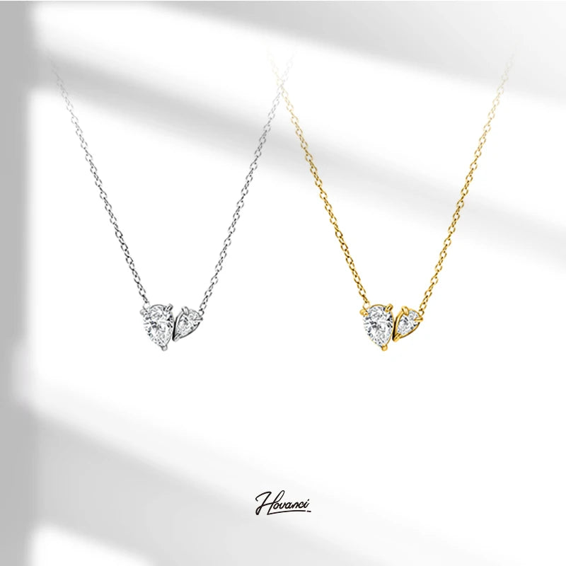 HOVANCI Romantic Gift Double White Heart Shape Zircon Pendant Necklace Stainless Steel Gold Plated Thin Chain Necklace for Women