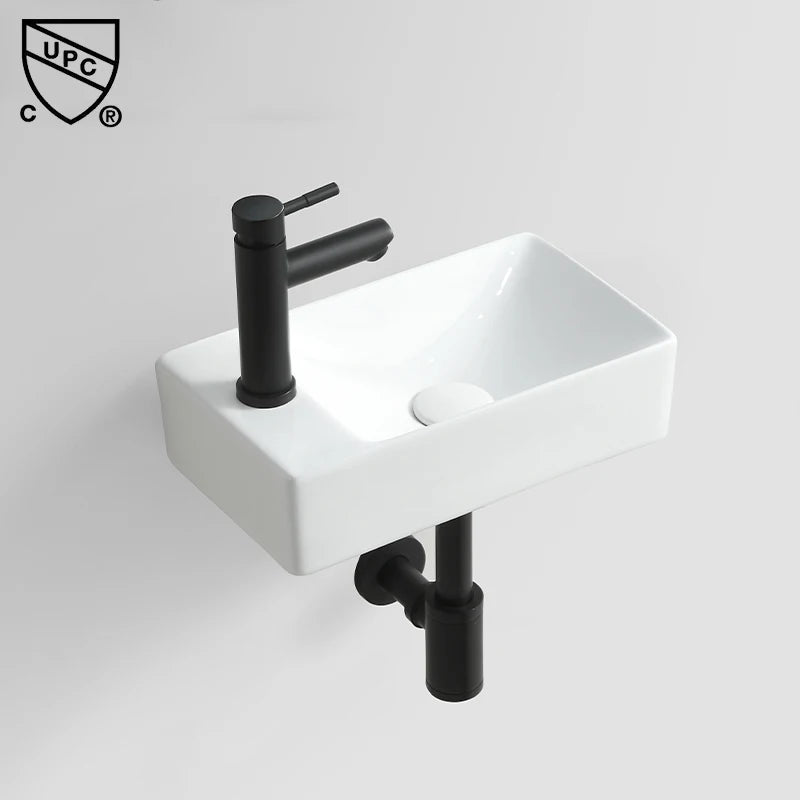 Hot Sale Modern Small Rectangular White Ceramic Wall Hung Hotel Bathroom Sink with Towel Shelf