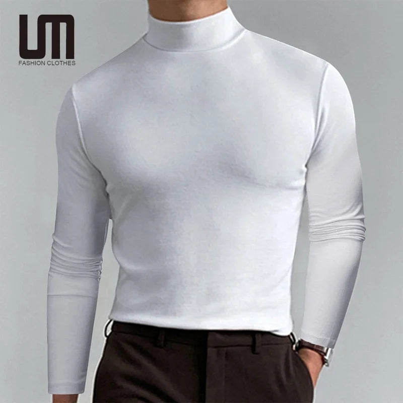OEM Fashion Autumn New Year Men Clothing Turtleneck Solid Color Slim T Shirt Pullover Tops