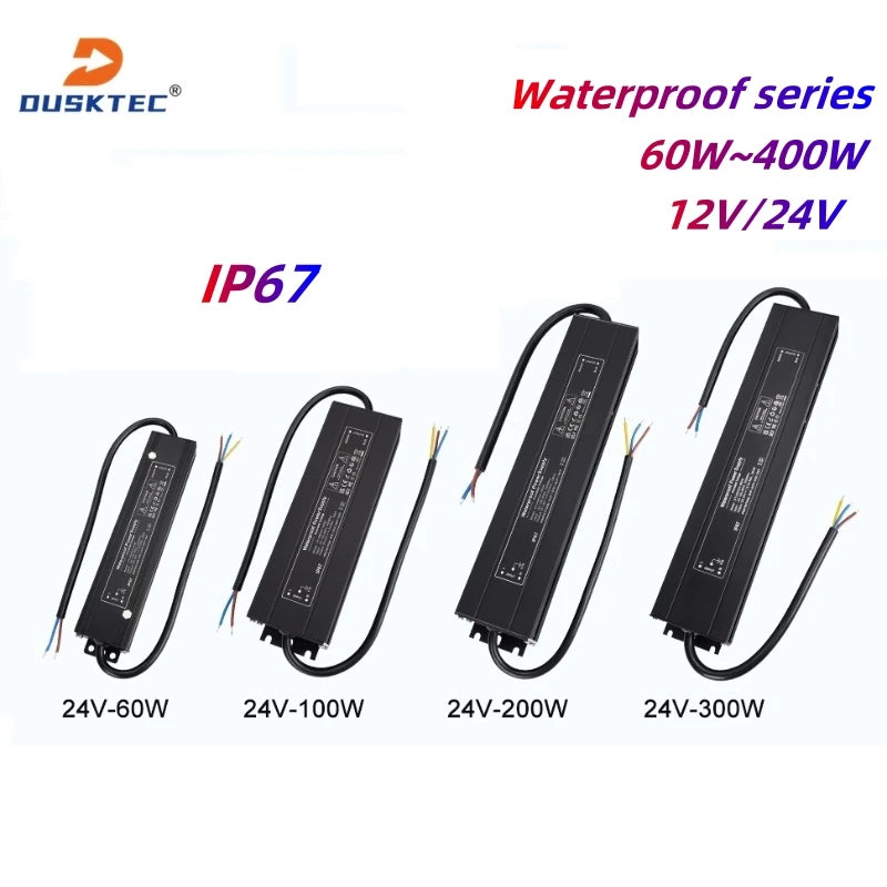 60W to 400W IP67 LED Driver Transformer Adapter 100V-260V AC to 12V 24V Waterproof Power Supply for LED Light