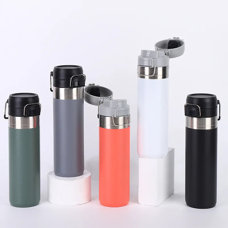 Customized Double-Walled Stainless Steel Tumbler Powder Coated Wide-Mouth Water Bottle Sports Drinking with Handle and Lid