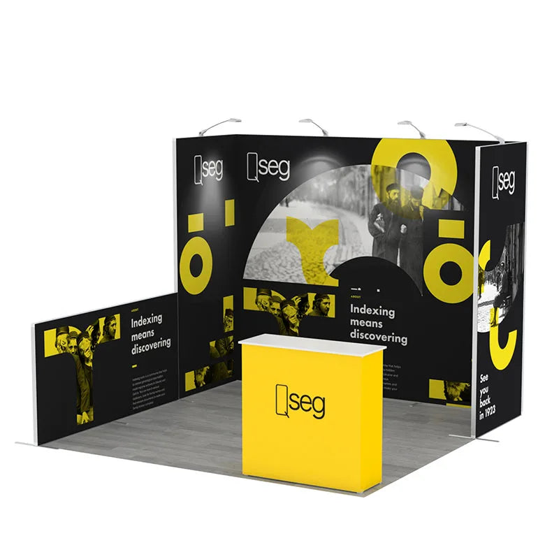 Qseg U Shape 10x10ft Trade Show Booth Lightest Modular Aluminum 3x3 Fabric DIY Portable Tool-Free Dye-Sublimation Printed MegaBDM