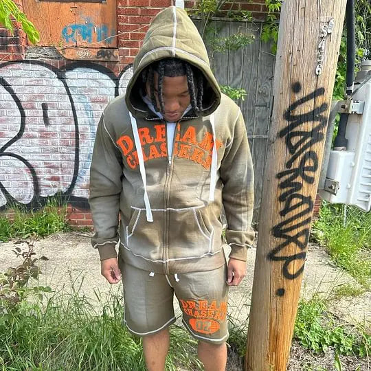 Custom Street Style Terry Outseam Distressed Embroidery Patches Washed Autumn 100% Cotton Hoodies Sun Faded Shorts Set