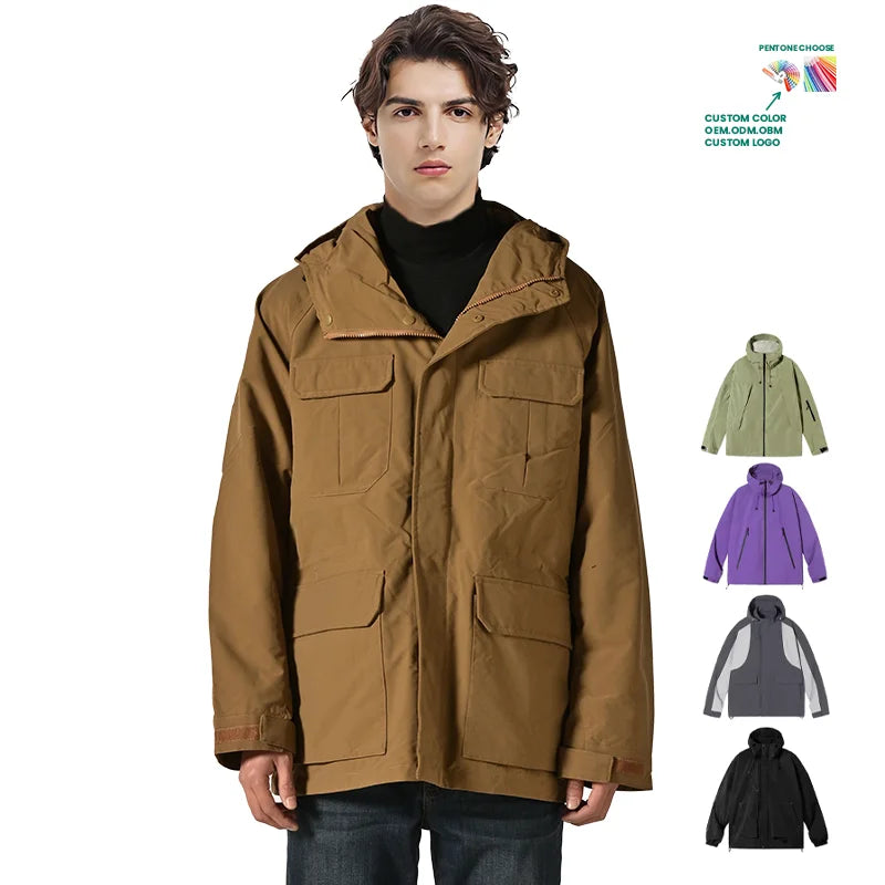Men's Winter Sport Thicken Fleece Jackets Windbreaker Print with Detachable Hood and Embroidery Parka Coats