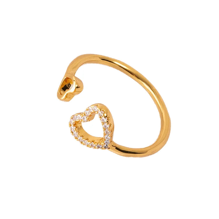 Shescity Trendy Opening Gold Plated Brass Material Zircon Rings Minimalist Heart Designer Women Finger Rings Jewelry