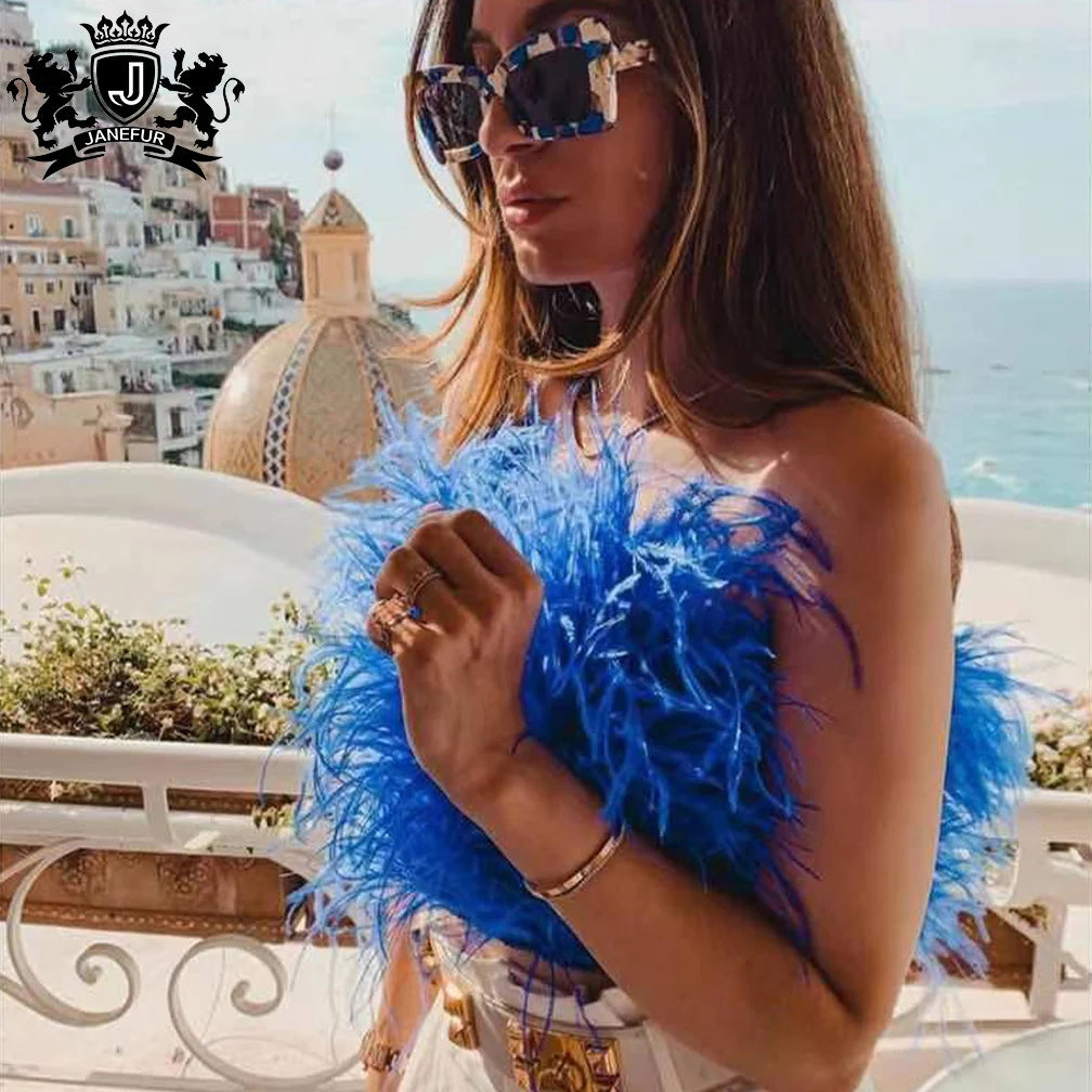 2022 Y2K Fashion Summer Women Fluffy Ostrich Feather Crop Top for Girls