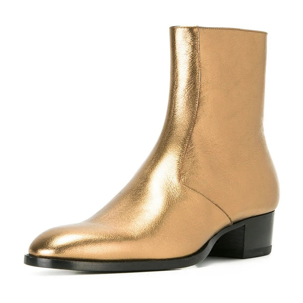 Men's New Trendy Gold Genuine Leather Chelsea Boots Casual Ankle Zipper Cowboy Style Shoes for Summer and Winter