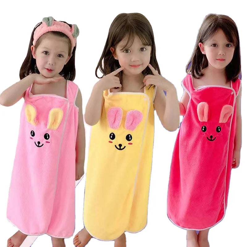 Factory Wholesale Coral Velvet Wearable Children's Bath Towel Cartoon Kids Microfiber Bath Skirt Towel Dress Spa Bathroom Wraps