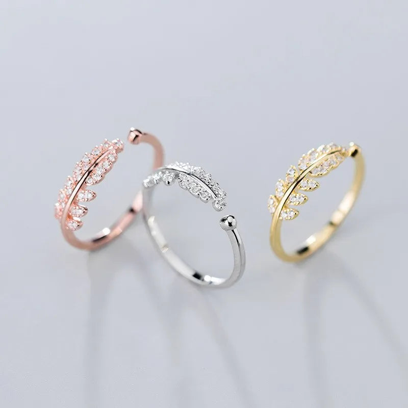 Cubic Zirconia Leaf Shape Finger Ring Adjustable Open Rose Gold Plated 925 Sterling Silver Rings Fashion Jewelry for Women