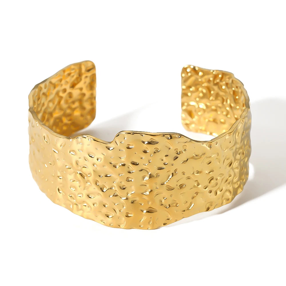 Adjustable 18K Gold Plated Stainless Steel Geometric Trendy Open Bangle Bracelet Exaggerated Wide Band Textured Design for Women