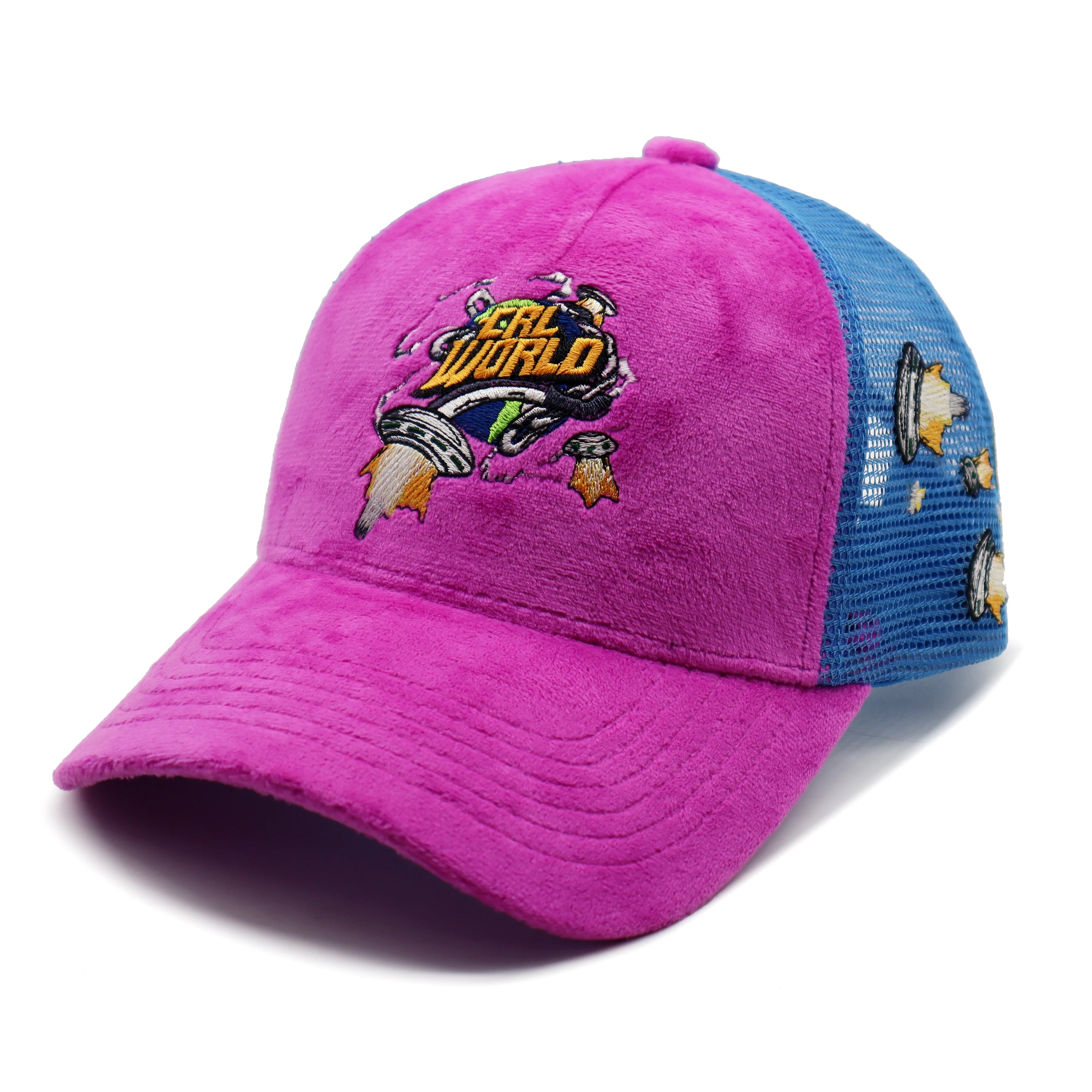 High-End Premium Customised Faux Suede Snap Back Cap Gorras Hat with Fruit Pattern Embroidery Wholesale Trucker Mesh Custom Logo