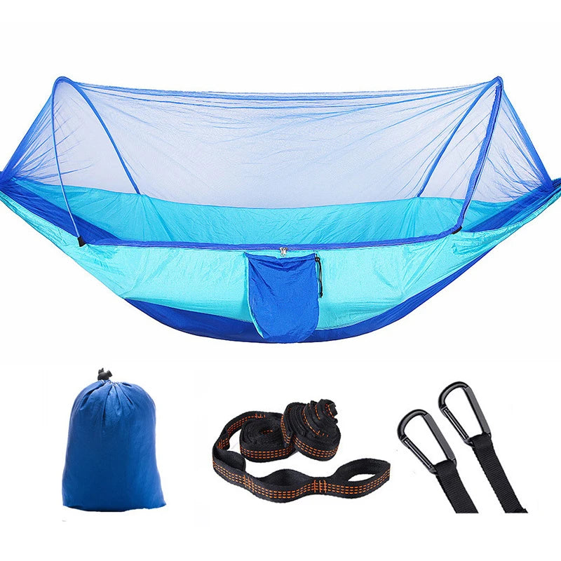 Upgraded Double Tree Mesh Hammock with Mosquito Net Outdoor Hiking Backpacking Travel Fabric Parachute 200KG Capacity 2-Seater