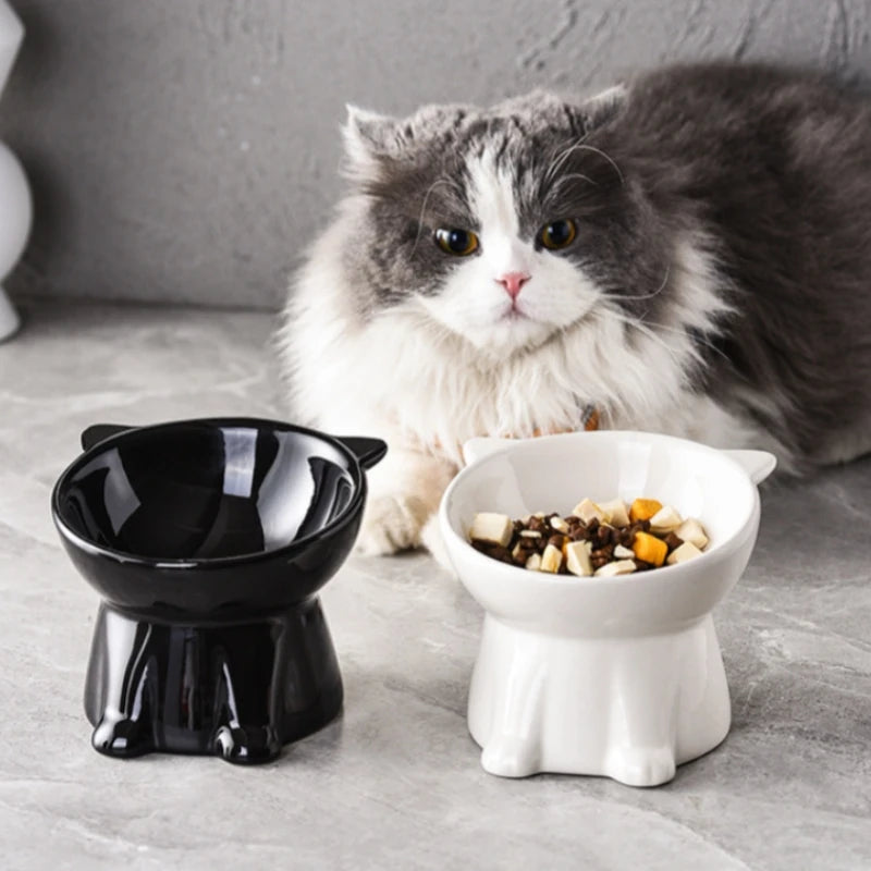 Ceramic Pet High Foot Diagonal Bowl Anti-upset Neck Guard Cat Food Bowl Black and White Ceramic Elevated Cat Bowl