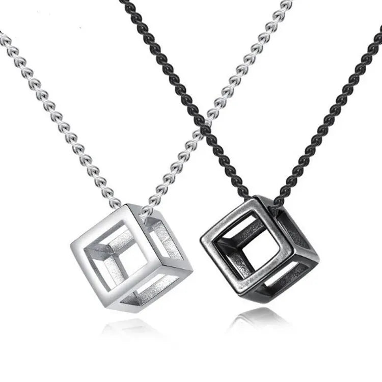 SC Fashion Men Hollow Box Pendant Necklace Minimalist Stainless Steel Whip Chain Necklace Hip Hop Cube Box Pendant Necklace Men