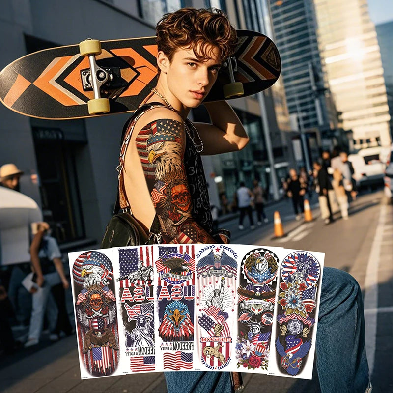 Independence Day Temporary Tattoo Stickers Retro Full Arm Waterproof Sweatproof Water Transfer Tattoo Stickers