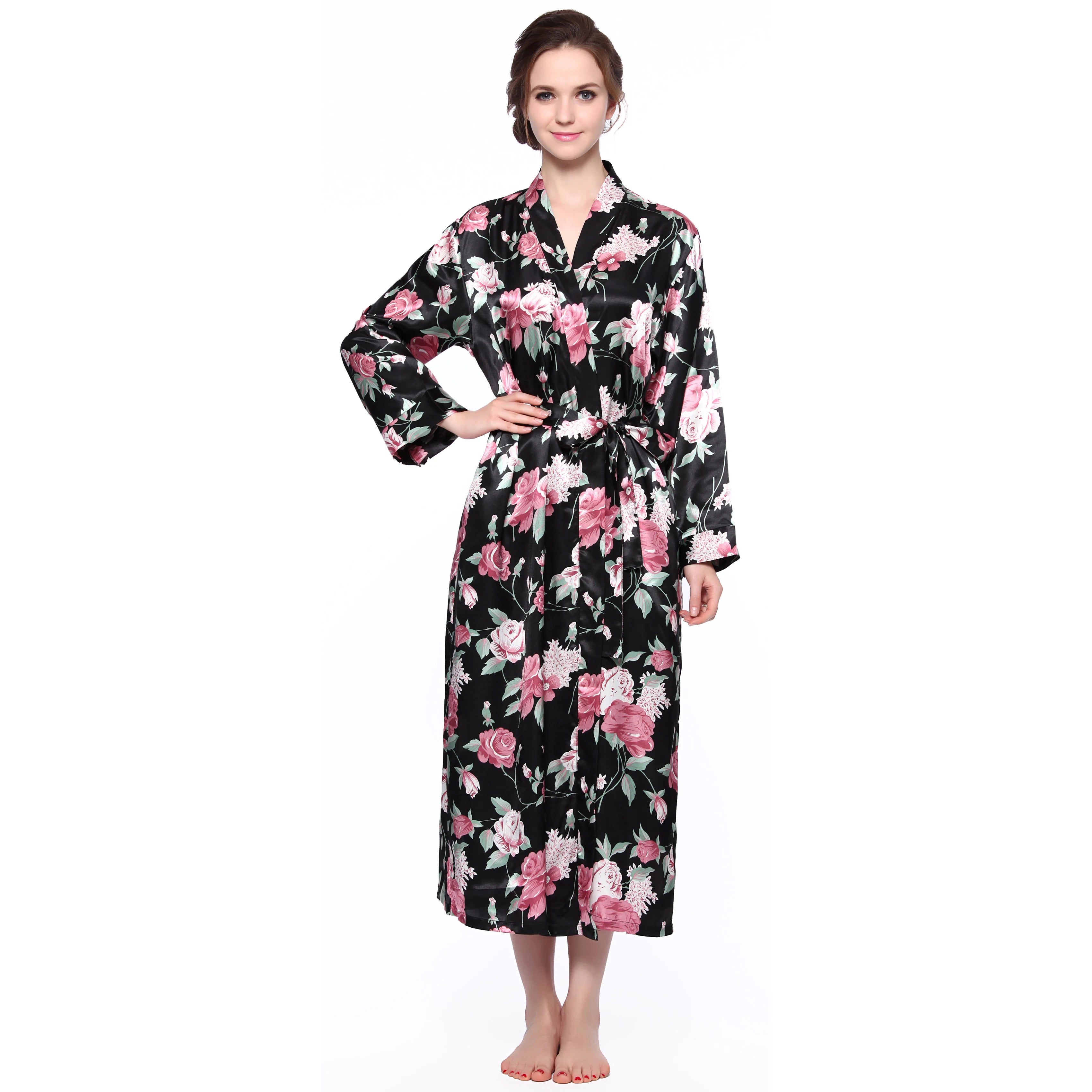 Women's Long Sleeve Satin Bridesmaid Robe Printed Short Kimono Bathrobe Summer Wholesale Gown for Bridesmaids