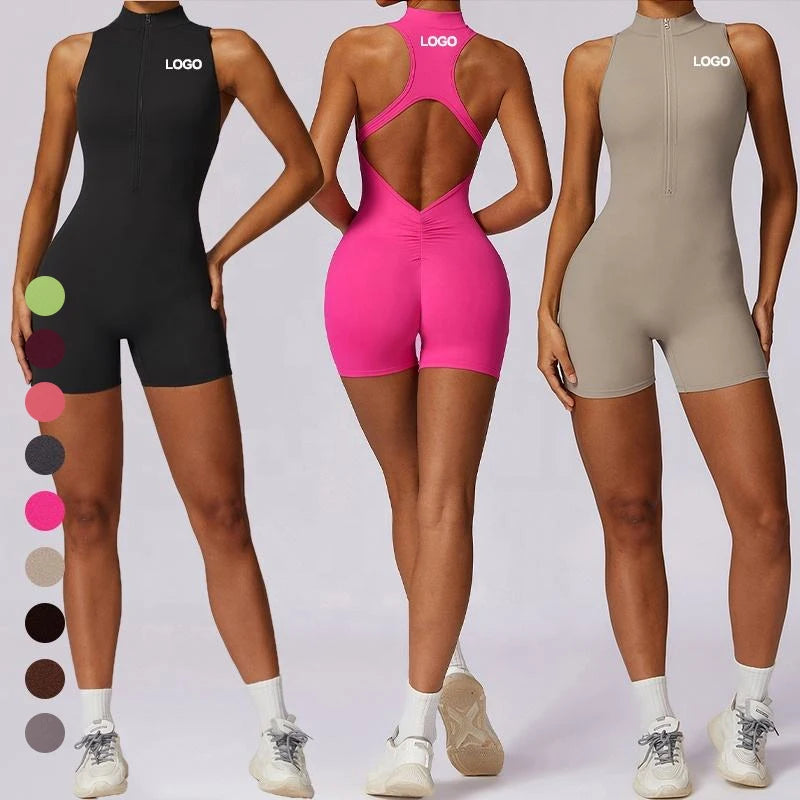 12 Colors Women's Zip up Yoga Shorts Jumpsuit Cut Out Backless Padded Workout Playsuit Athletic Bodysuit One Piece Sport Rompers