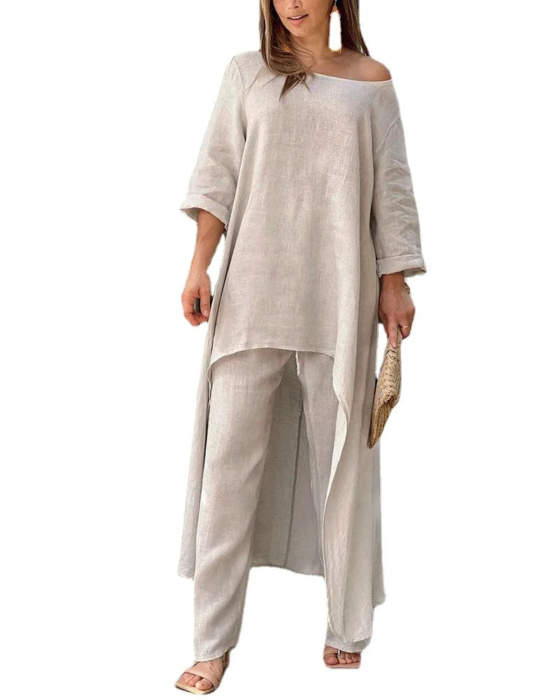 S-XXL Autumn Women's Cotton and Hemp Fashion Loose Large Irregular Long-sleeved Top Trousers Wide Leg Pants Suit