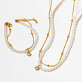 Women's Gold Plated Stainless Steel Jewelry Set-Waterproof Beaded Charm Bracelets & Layered Pearls Necklace for Party
