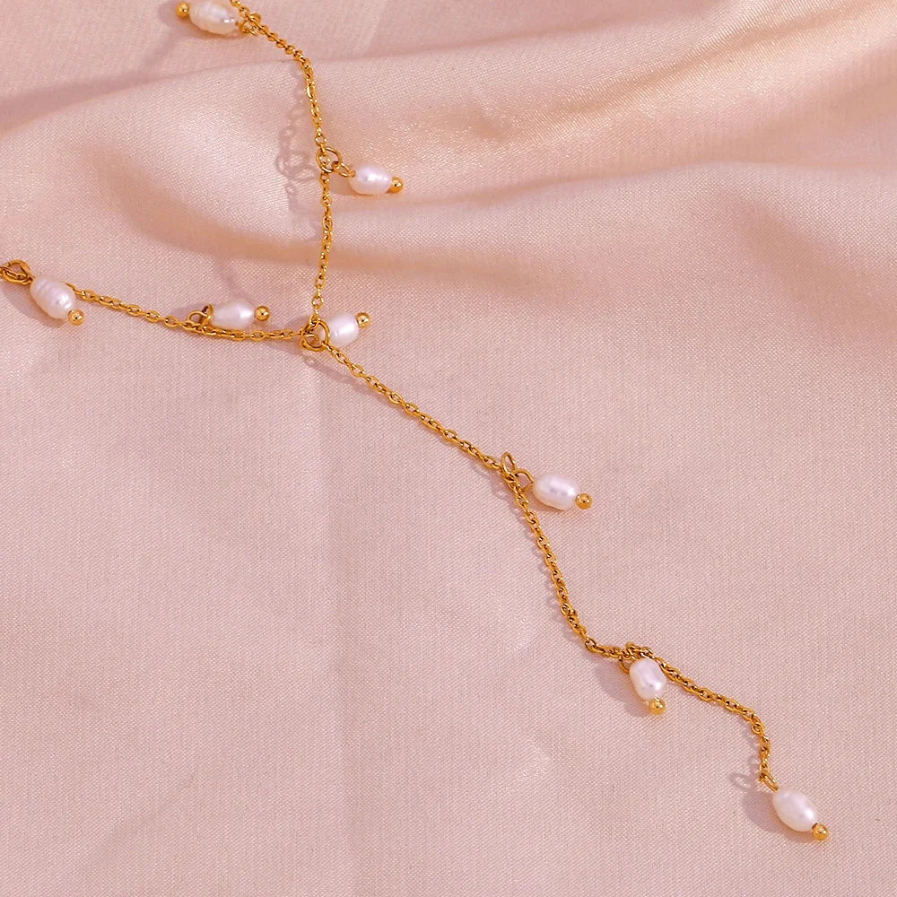 Women Jewelry Y Shape Fresh Water Pearl Tassel Necklace Gold Plated Stainless Steel Jewelry
