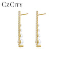 CZCITY 925 Silver Imitation Pearl Jewelry Elegant Zirconia Stud Earrings for Women Party Dress Bride Wedding Pearl Earrings