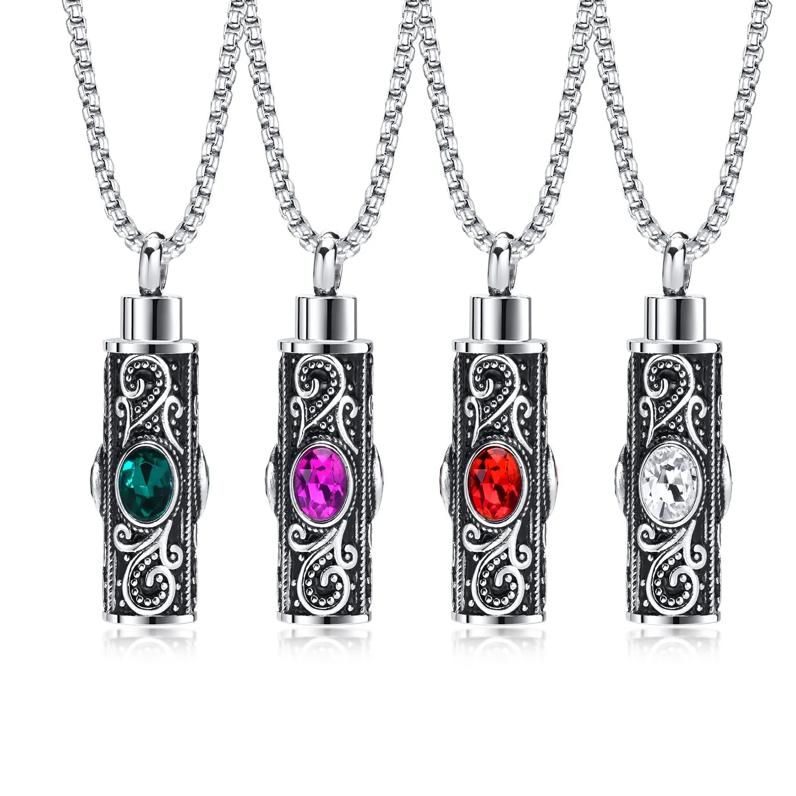 Colorful Crystal Cremation Keepsake Memorial Stainless Steel Cylinder Pendant Necklaces Jewelry for Ashes Flower