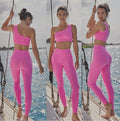 Women One Shoulder Scallop Wavy Pilates Yoga Wear Suit Crop Top High Waist Pants Gym Fitness Set with Custom Logo