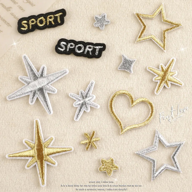 Stock  Iron on  Cute Mini  Embroidery Gold/sliver Heart Star  Patch for Luggage Tag Bag Decoration