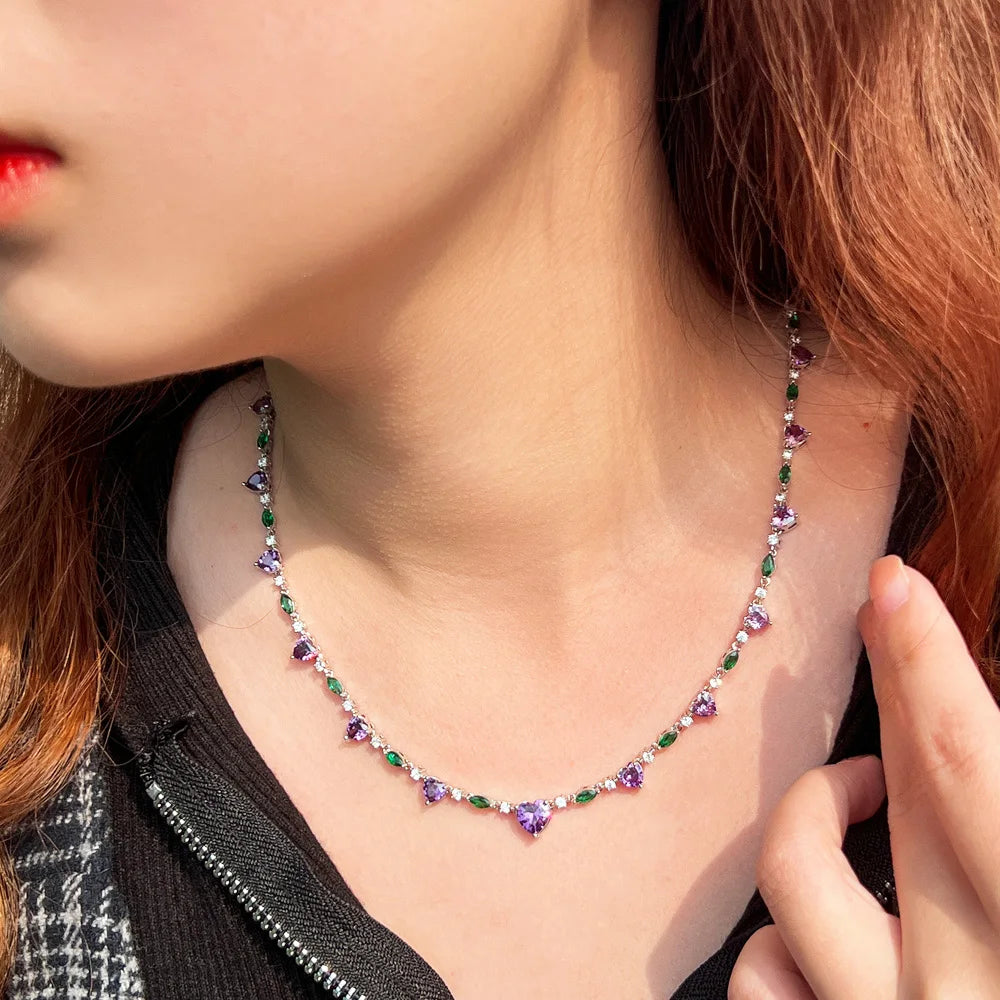 Heart Shape Purple Green Cubic Zirconia Choker Alloy Chain Link Tennis Necklace for Women Summer Party Valentine Jewelry Gift