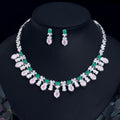 Women Fancy and Elegant Leaf Flower Shape Pink CZ Necklace Earrings Green Opal Cubic Zirconia Wedding Jewelry Set for Bridal MegaBDM