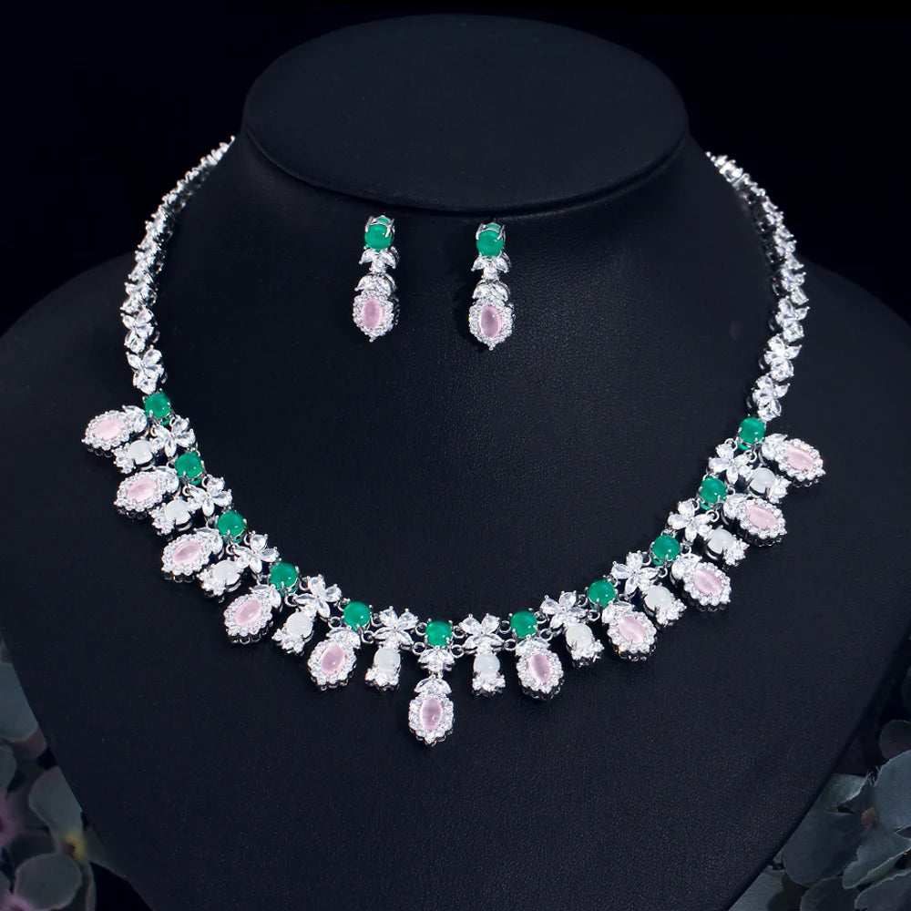 Women Fancy and Elegant Leaf Flower Shape Pink CZ Necklace Earrings Green Opal Cubic Zirconia Wedding Jewelry Set for Bridal MegaBDM