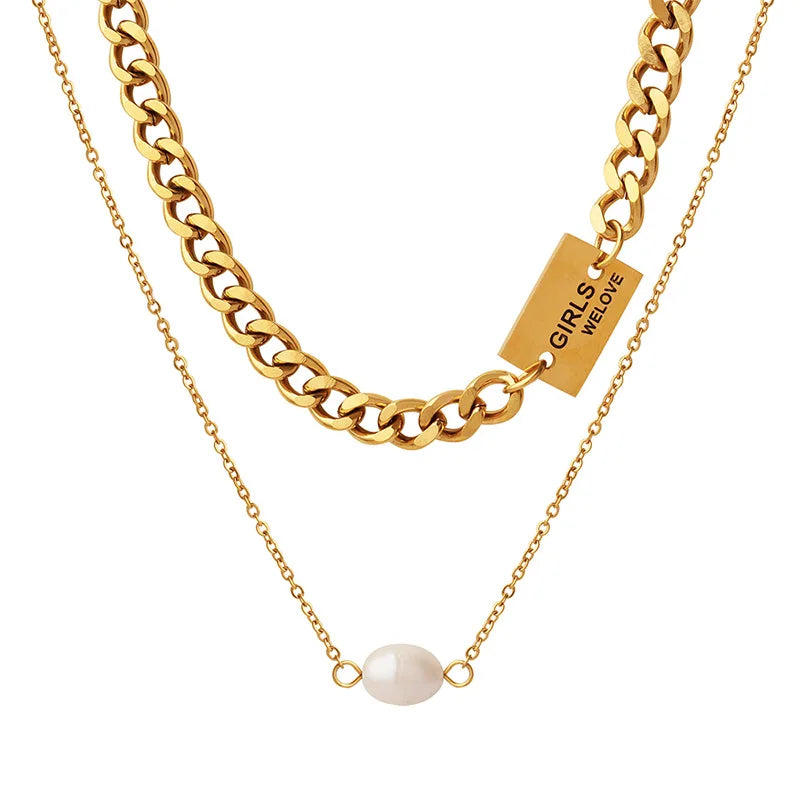 Hip Hop Women Stainless Steel 18k Gold Plated Flat Cut Curb Link Cuban Chain Double Layers Layered Necklace Girls We love