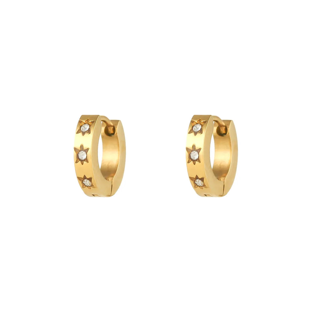 Ins Fashion Popular Jewelry Stainless Steel Plated 18K Gold Inlaid Zirconium Sun Stars Micro 1CM Hoop Huggie Earrings for Girl