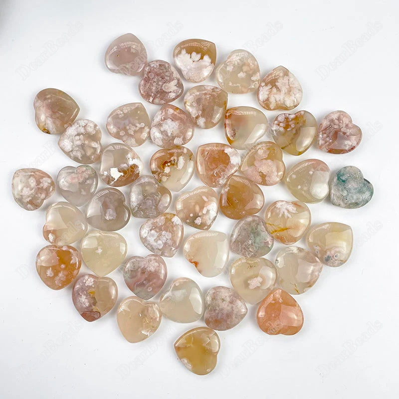 New Bulk Natural Sakura Agate Heart Shape Cherry Blossom Agate Carving for Decoration Jewelry Making