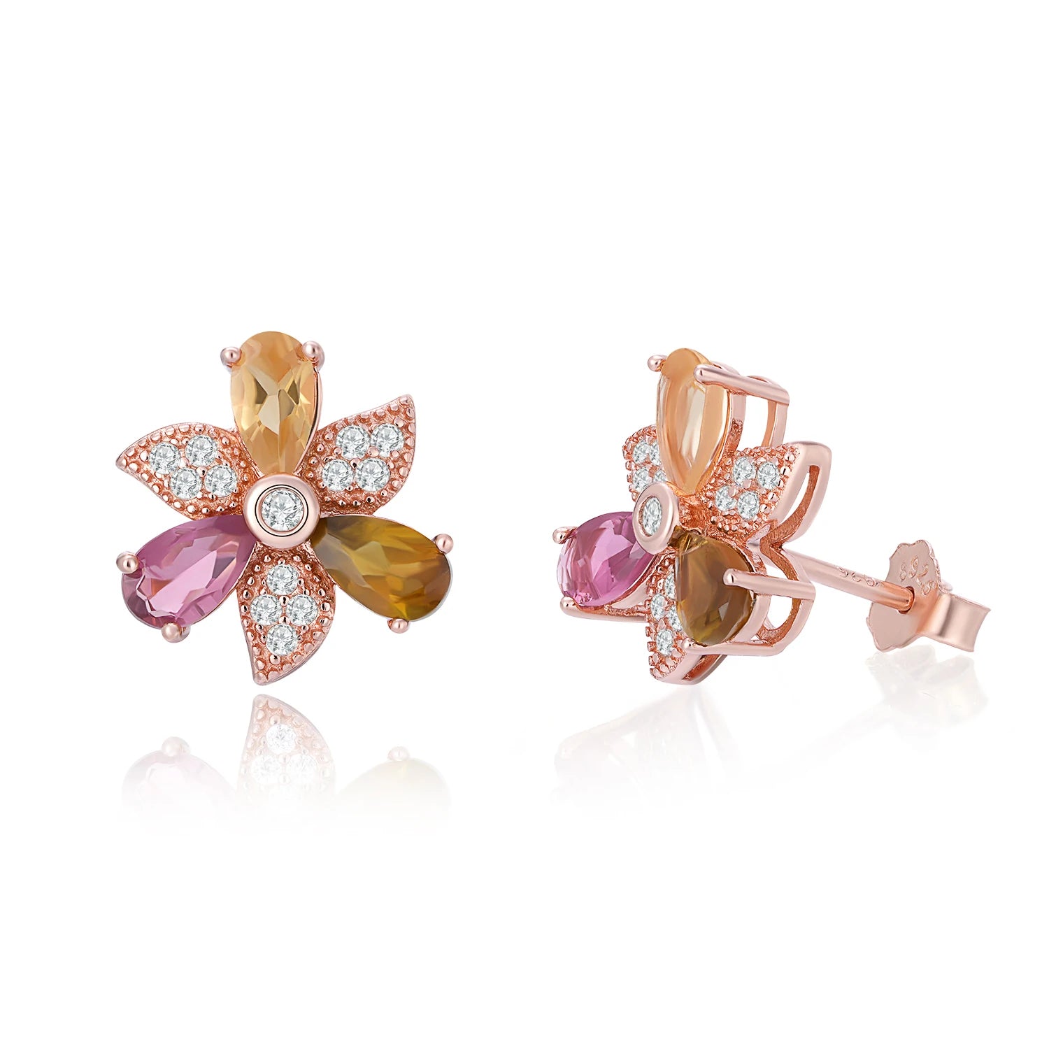 YBO Fine Jewelry Women's 18K Rose Gold Plated Stud Earrings Natural Tourmaline Cubic Zircon Flower Design for Parties Gifts