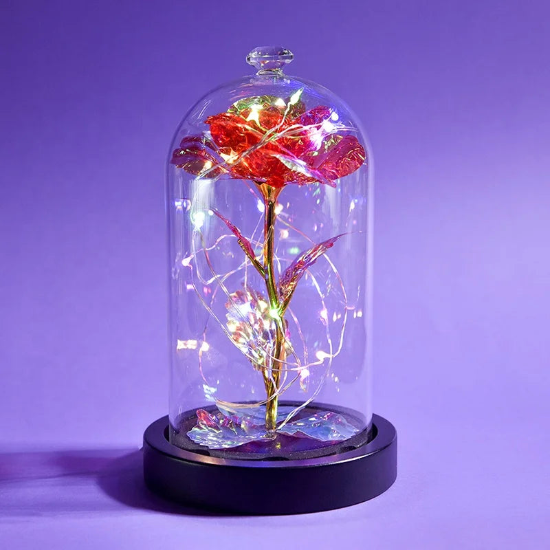 2025 Valentine's Day & Christmas Gifts Galaxy Rose 24k Gold Foil USB LED Light Durable Artificial Flower Glass Dome Black Base