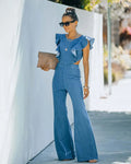 New Fashion Spring Summer Lace up One Piece Rompers Women Sexy Backless Light Blue Ladies Party Jumpsuit Straight Pants Sexy