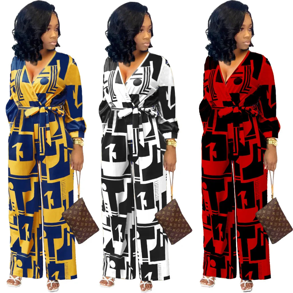 Good Material China Sell V Neck Puff Long Sleeve Jumpsuit Lady African Wide Leg Print Jumpsuit