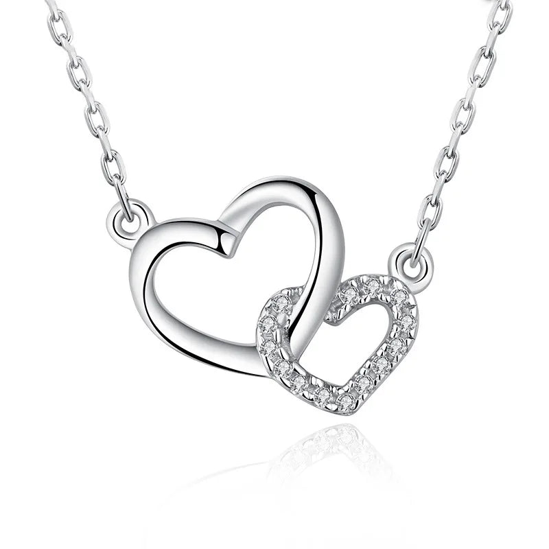 S925 Sterling Silver Double Heart Necklace Ladies Clavicle Chain Zirconium Diamonds Heart Necklace