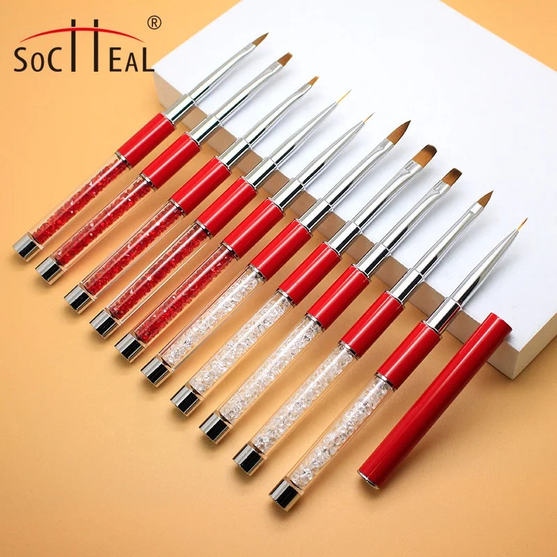 Hot Sale Custom Logo Nail Art Brush with Red or White Rhinestone Red Handle UV Gel Flat Oval 3D Liner Made of Durable Nylon