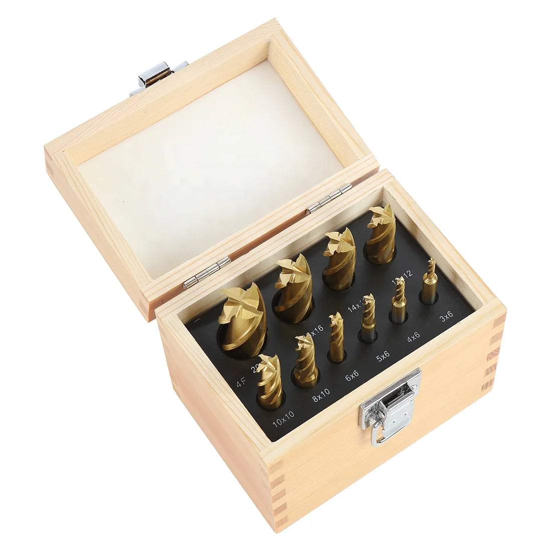 3/16" to 3/4" HSS Two Four Flute Wooden Case Tin Titanium Coated Square End Mill Milling Cutter 10pc Set