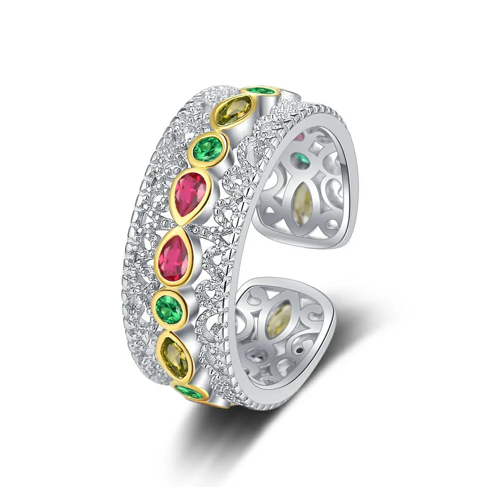 S925 Sterling Silver Retro Court Style Ring with Lace Color Zirconium Diamond Advanced Sense Simple Design Openwork Niche Ring