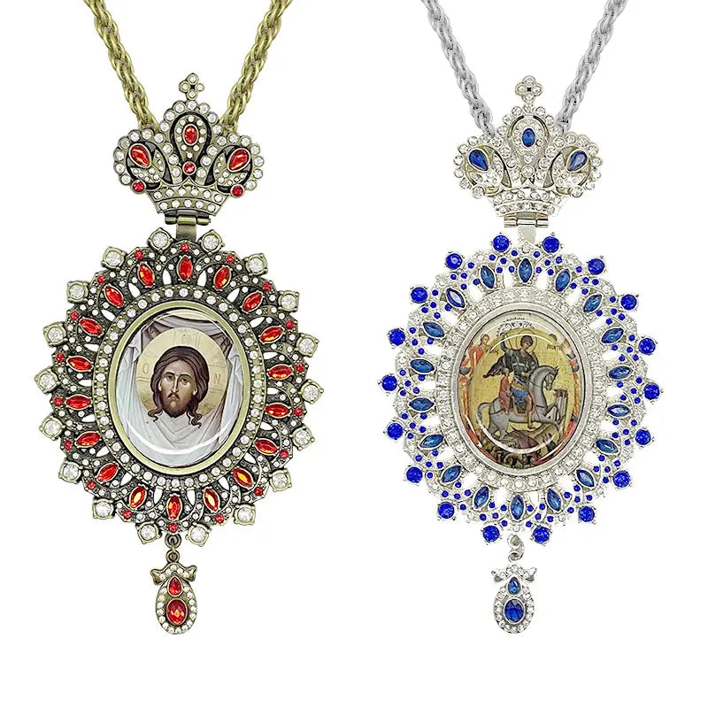 HT Russian Double Plated Greek Orthodox Cross Church Bishop Jesus and Character Pectoral Cross Pedant