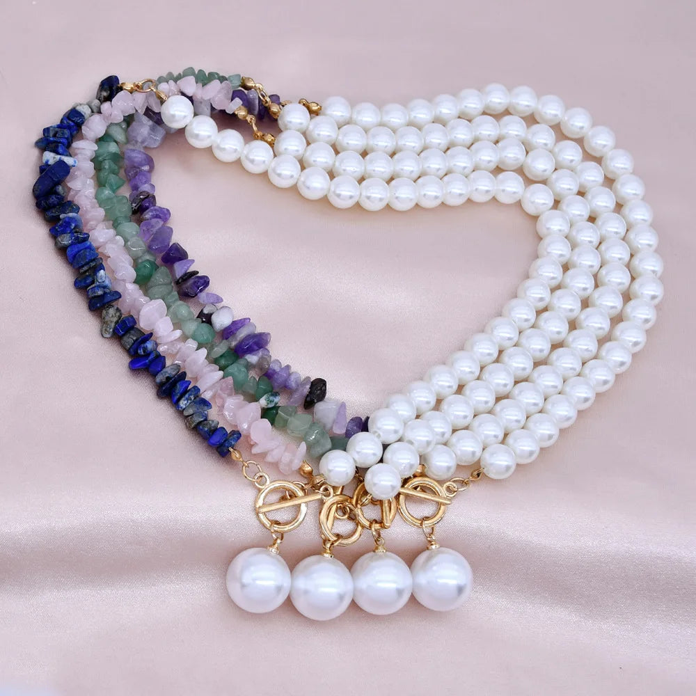 Trendy Stitching Half Pearl Half Bead Necklace Amethyst Rose Quartz Crushed Stone Pearl Necklace for Women