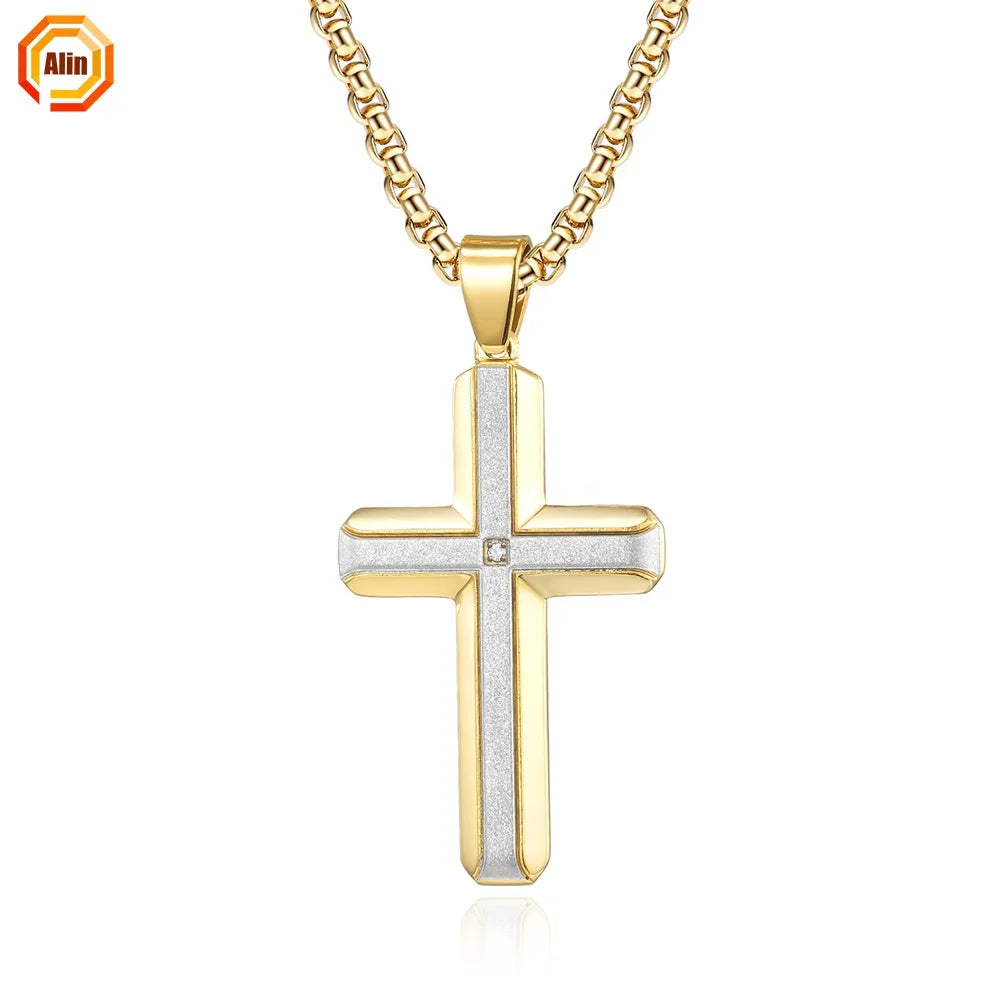 Stainless Steel Necklace Chain Beveled Edges Mens Cross Pendant Necklace With Stone Inside