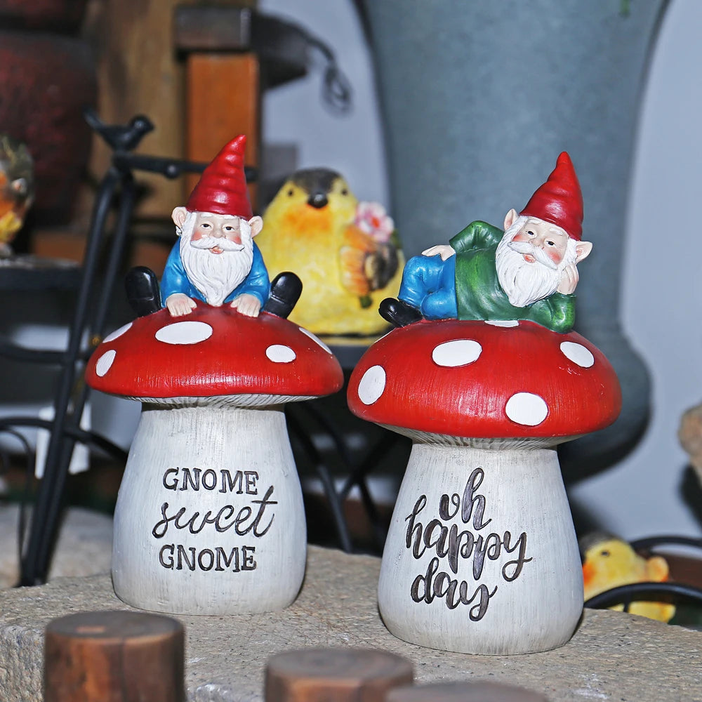 Gnome on Mushroom Resin Statue Fairy Garden Decor Cute Elf Sitting on Toadstool Sculpture Magical Outdoor/Indoor Ornament