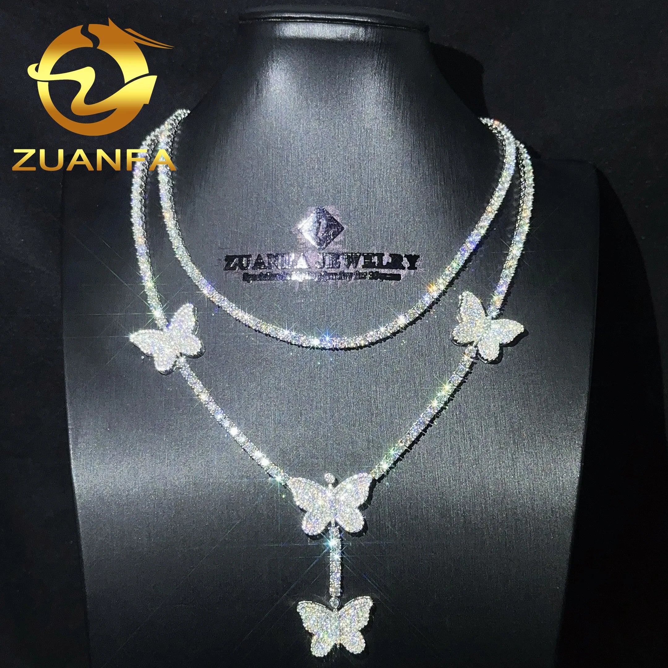 Fashion Jewelry Butterfly Design 3mm Moissanite Tennis Chain 925 Sterling Silver Hip Hop Tennis Necklace for Women